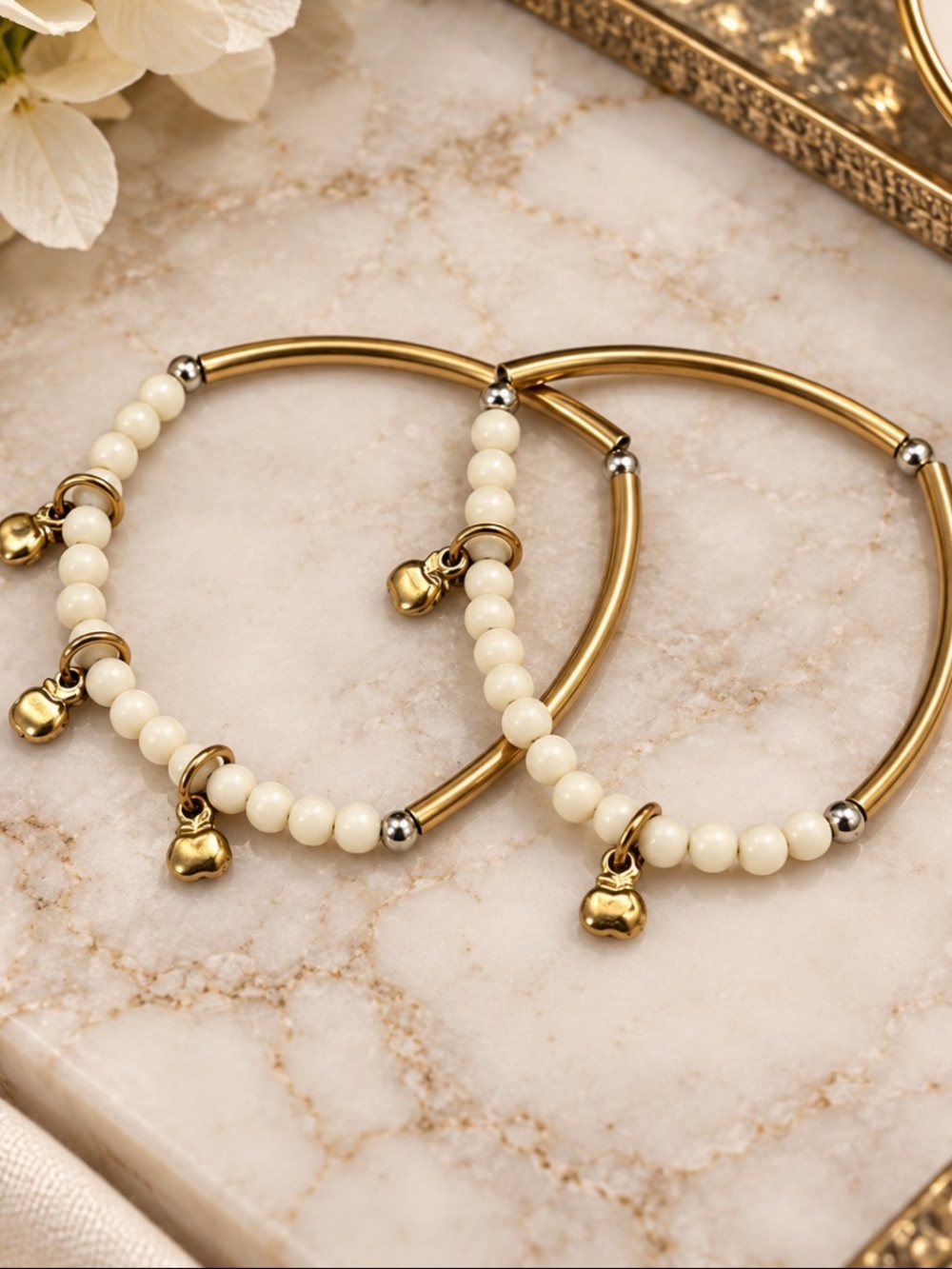 Mixed Metal Beaded Bracelet Set with Gold apple Charms